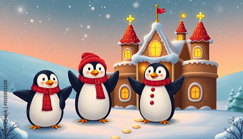 Funny Penguins Decorating a Glowing Gingerbread Castle in the Middle of a Snowy Clearing Vector Design. Free Christmas Background. Chrismas Wallpaper. Cool Wallpaper 4k Funny Penguins Decorating a Glowing Gingerbread Castle in the Middle of a Snowy Clearing Vector Design. Free Christmas Background. Chrismas Wallpaper. Cool Wallpaper 4k