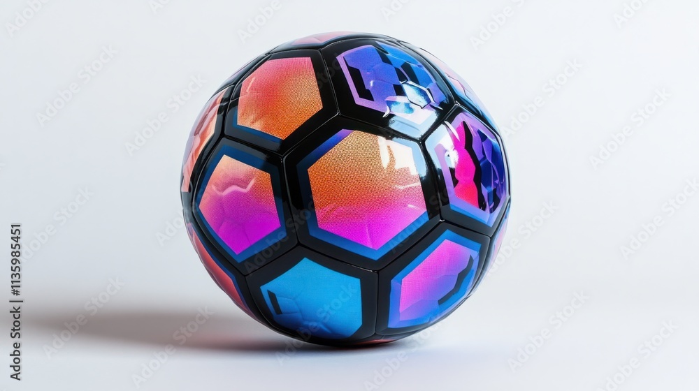 Naklejka premium A new, shiny soccer ball with glossy hexagonal panels, placed on a minimalistic white background