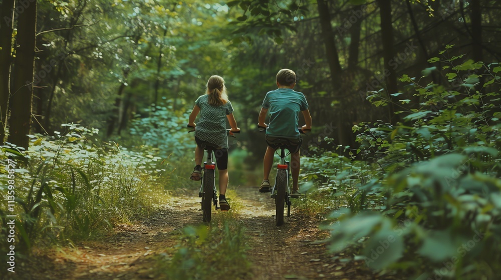 A girl and boy ride their bikes on a forest path. A girl and boy ride their bikes on a forest path.