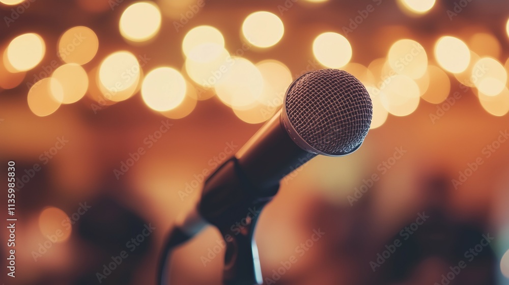 Obraz premium Standup comedy or school karaoke night event singing competition with microphone on stage with bokeh blur lights background