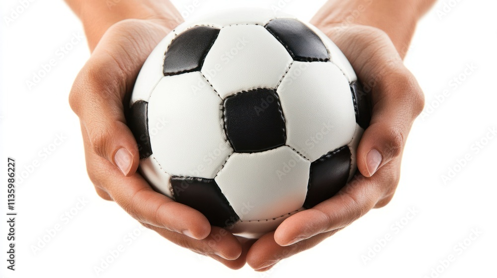 A pair of hands holding a soccer ball in a balanced grip, isolated on a bright white background A pair of hands holding a soccer ball in a balanced grip, isolated on a bright white background