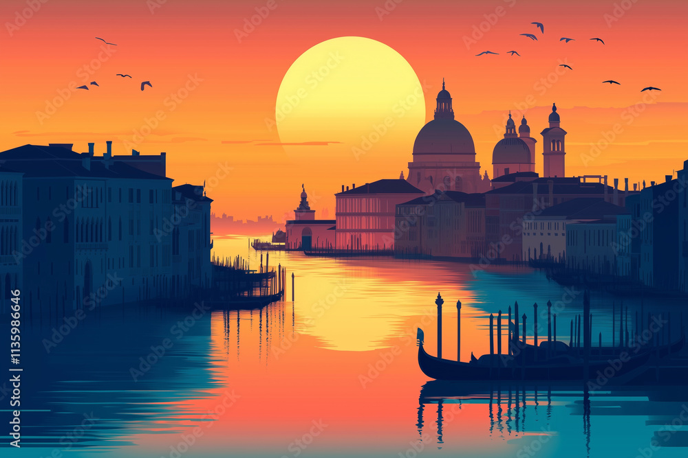Obraz premium Illustrative View of Minimal Venice City Grand Canal at Sunset or Sunrise, Italian City Background