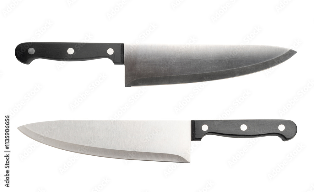 Steel Kitchen Knife Isolated, Convenient Kitchen Knives, Big Knife with a Black Handle on White Background Steel Kitchen Knife Isolated, Convenient Kitchen Knives, Big Knife with a Black Handle on White Background