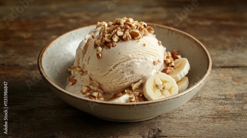 A bowl of ice cream topped with nuts and banana slices, served on a rustic wooden table.