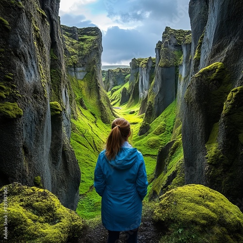 Woman in blue in Iceland canyon photo