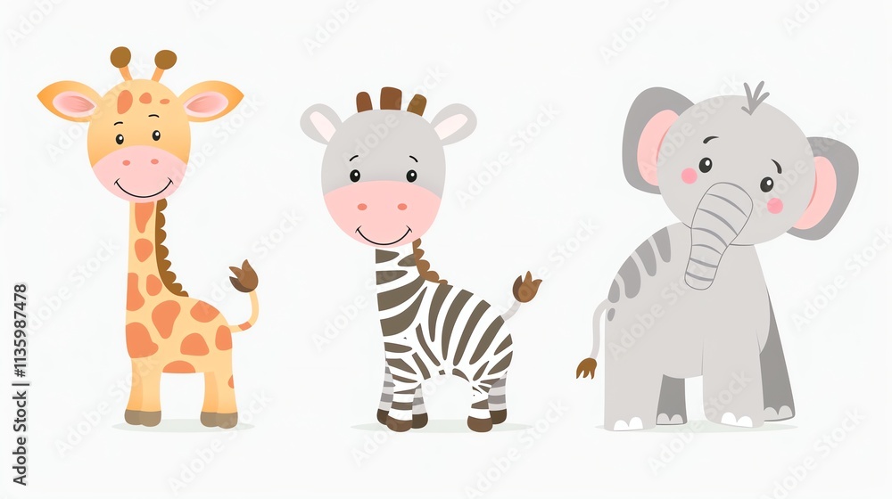 Fototapeta premium A giraffe, zebra and elephant, drawn in a cute cartoon style.