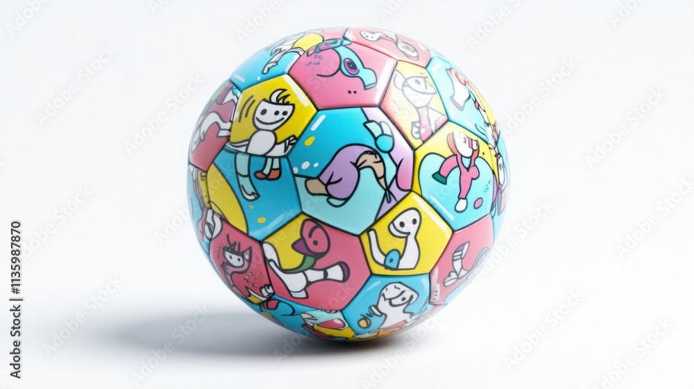 A playful soccer ball with cartoon graphics, ideal for kids' themes, placed on a clean white background A playful soccer ball with cartoon graphics, ideal for kids' themes, placed on a clean white background