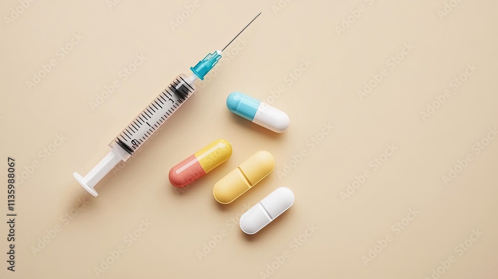 Medical healthcare concept. Syringe and colorful pills arranged on a neutral background, representing healthcare and medication. Medical healthcare concept. Syringe and colorful pills arranged on a neutral background, representing healthcare and medication.