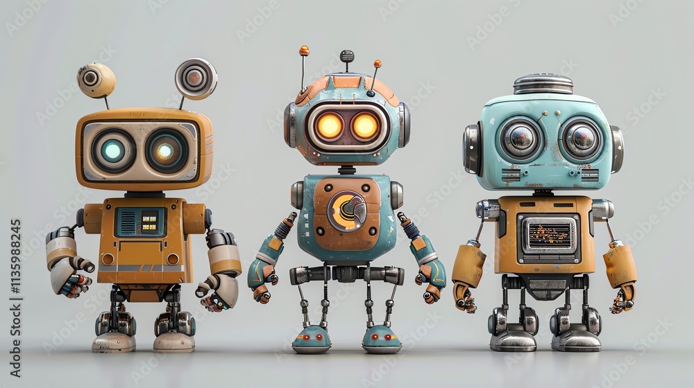 Three cartoon robots standing in a row. Three cartoon robots standing in a row.