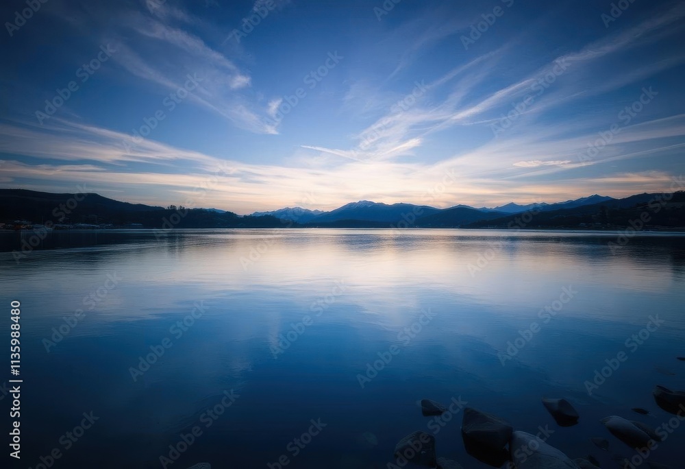 Fototapeta premium a view of a lake with rocks and a mountain in the background