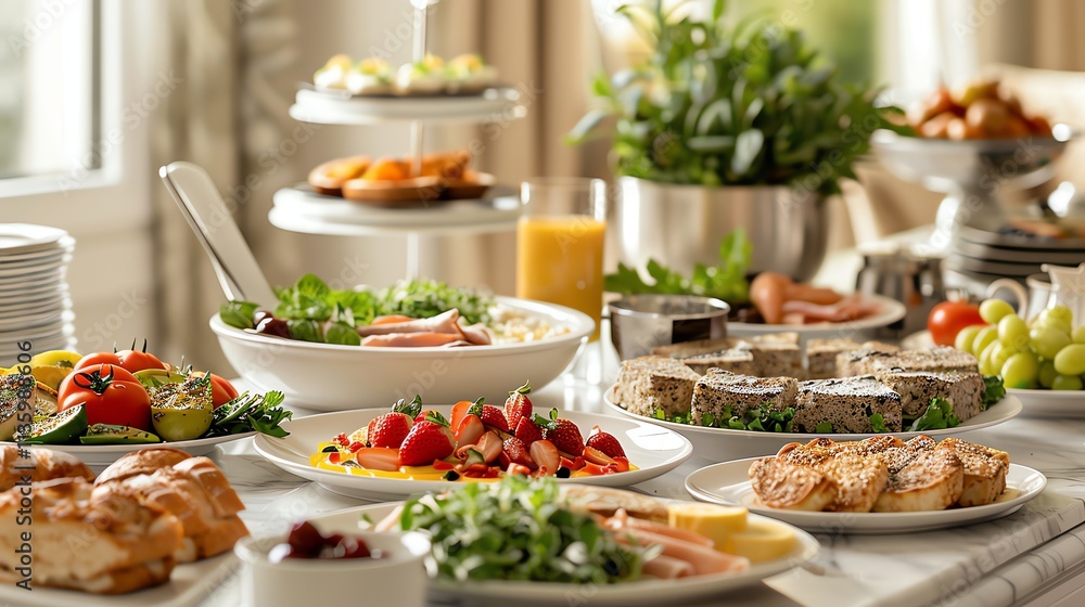 A table set for a large breakfast, with various dishes of fruit, bread, and pastries. A table set for a large breakfast, with various dishes of fruit, bread, and pastries.