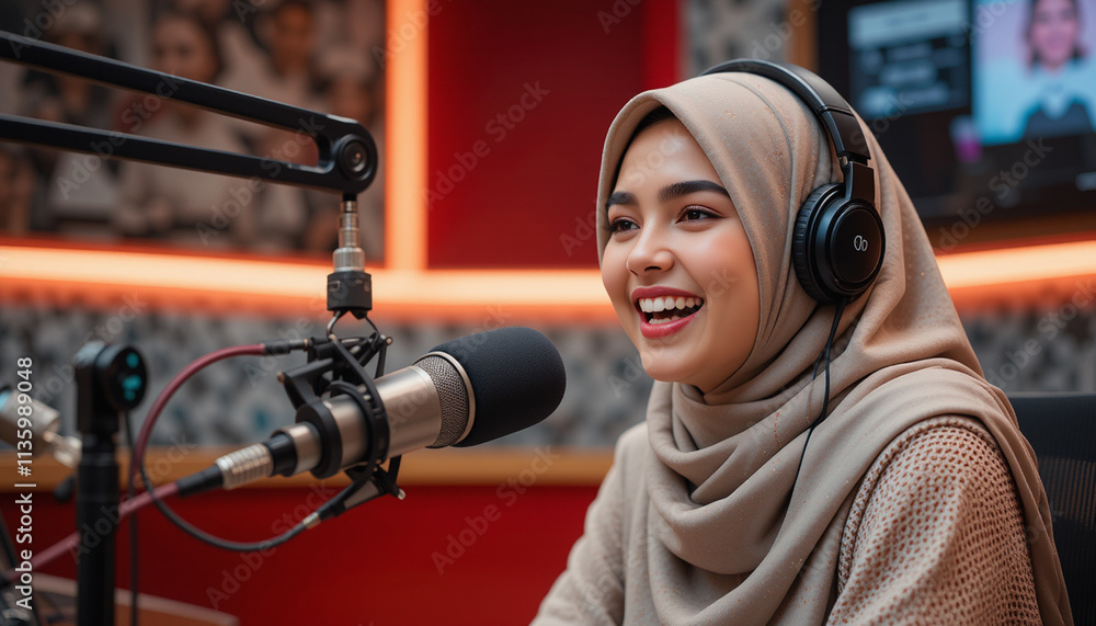 Happy muslim young woman laughing while recording a live radio show Happy muslim young woman laughing while recording a live radio show