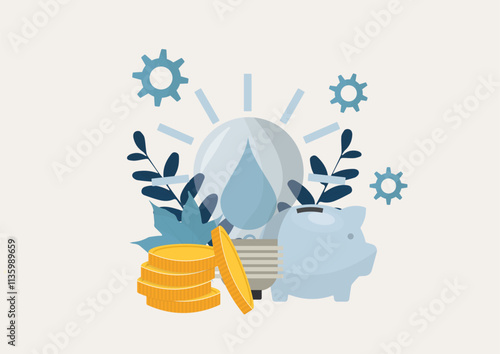 Financial Savings and Water Conservation Concept. water drop light bulb, piggy bank, gears, and coins, symbolizing eco-friendly solutions, savings, and sustainability innovation. Water conservation.