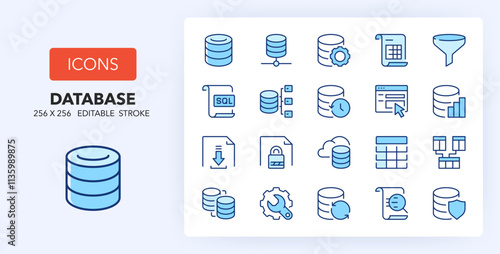 Line icons about database and data technology. Contains such icons as server, storage, security and more. 256x256 Pixel Perfect editable in two colors