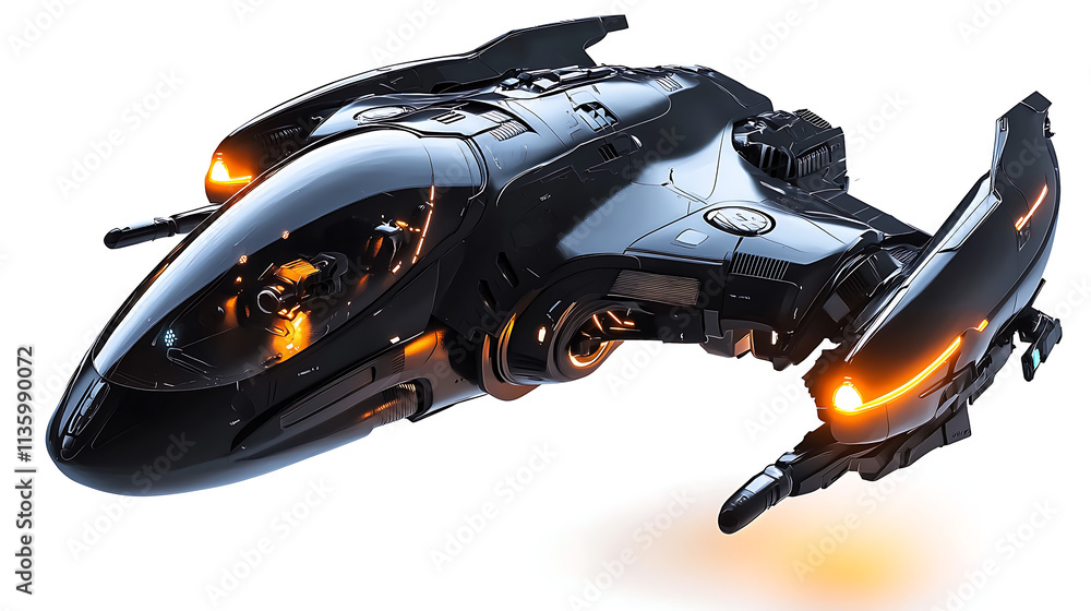 A futuristic black space ship with orange lights on the front A futuristic black space ship with orange lights on the front