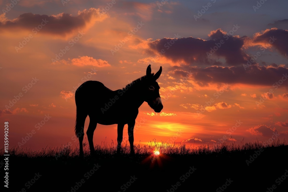 A donkey stands in silhouette against a vibrant sunset sky, capturing the beauty of natures fleeting light, A donkey silhouette against a vibrant sunset sky, symbolizing freedom and peace A donkey stands in silhouette against a vibrant sunset sky, capturing the beauty of natures fleeting light, A donkey silhouette against a vibrant sunset sky, symbolizing freedom and peace