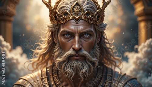 Majestic King With Golden Crown and Long Hair photo