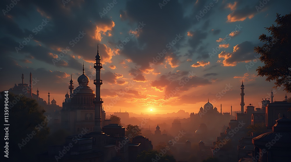 Obraz premium A majestic sunset over the Islamic City, Generative AI