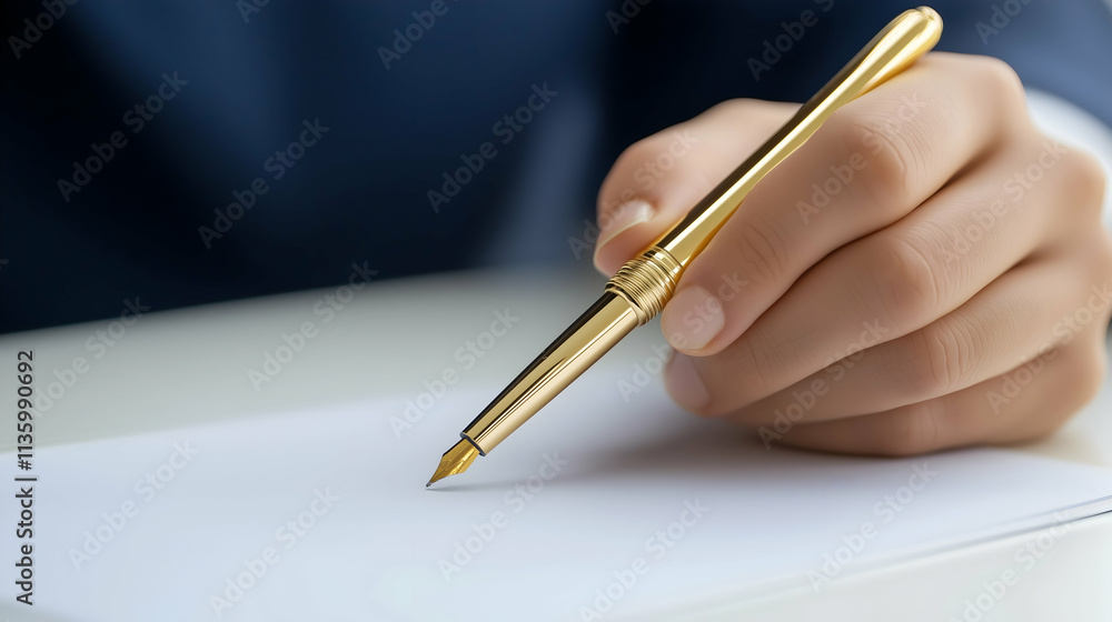 A close-up of a hand holding a gold pen poised over a blank sheet of paper, suggesting writing or signing a document. A close-up of a hand holding a gold pen poised over a blank sheet of paper, suggesting writing or signing a document.