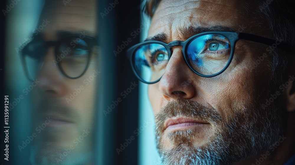 Thoughtful Middle-Aged Man with Stylish Glasses Gazes Intently Through a Window Reflecting on Life Experiences and Contemplating Future Possibilities Thoughtful Middle-Aged Man with Stylish Glasses Gazes Intently Through a Window Reflecting on Life Experiences and Contemplating Future Possibilities