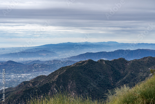 Santa Monica Mountains with Verdugo Mountains and San Rafael Hil. San Gabriel Mountains, Los Angeles County, California. Angeles National Forest / San Gabriel Mountains National Monument. Mount Wilson