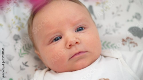 A curious baby lies on a soft surface, gazing with bright blue eyes, taking in the world around in a warm and inviting atmosphere photo