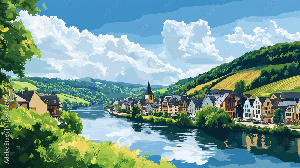 Fototapeta premium Illustration, Cochem at the Moselle river, touristic advertisement poster. Beautiful town in Germany. Must-see touristic spot near Mosel river. Mockup for touristic poster, advertisement. Beautiful tr