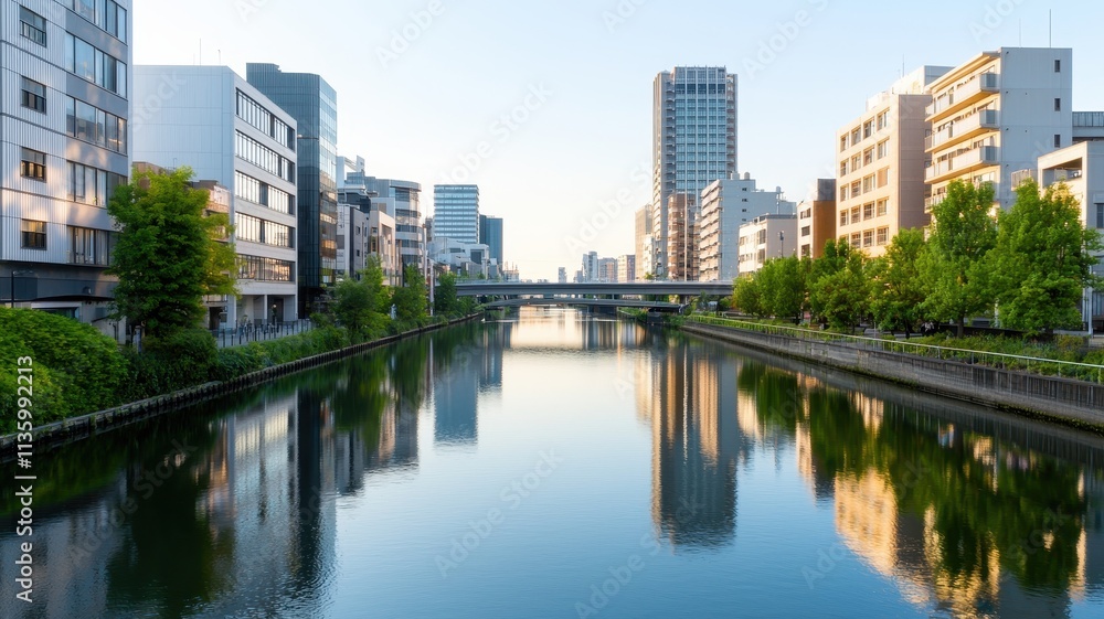 serene urban cityscape featuring tranquil river and buildings serene urban cityscape featuring tranquil river and buildings