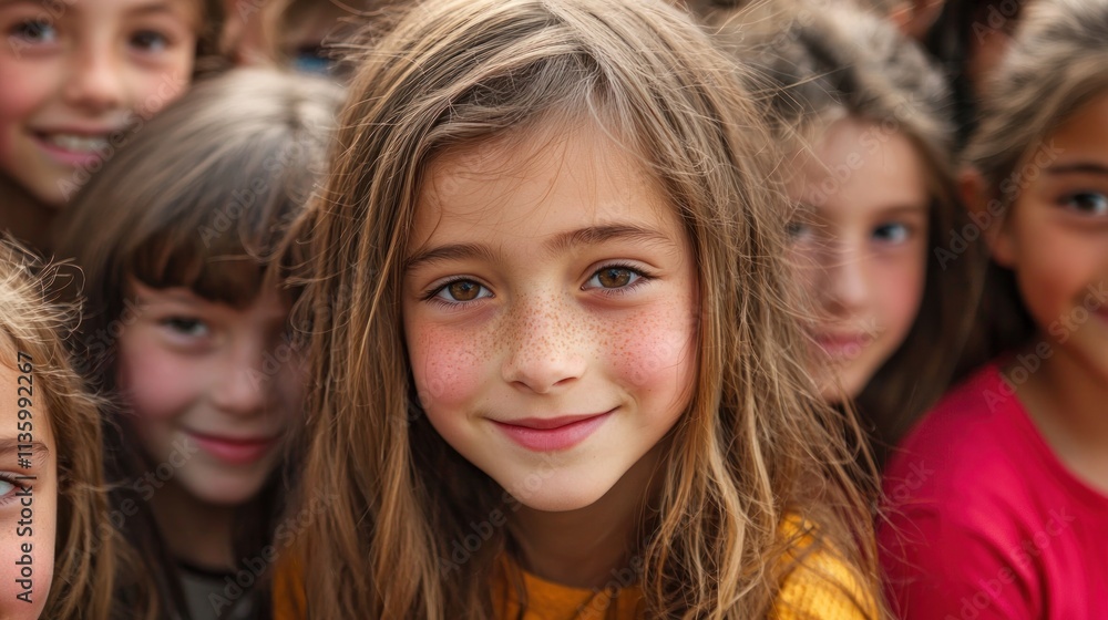 A girl standing at the back of a group photo, trying to blend in with a small smile. A girl standing at the back of a group photo, trying to blend in with a small smile.
