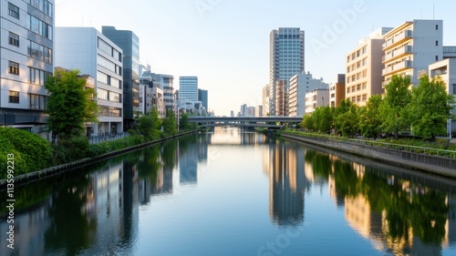 serene urban cityscape featuring tranquil river and buildings