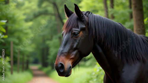 A horse with a contemplative expression in a lush, green forest.