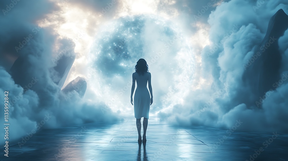 Mysterious woman enters ethereal portal fantasy realm digital art