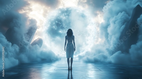 Obraz na płótnie Mysterious woman enters ethereal portal fantasy realm digital art w salonie