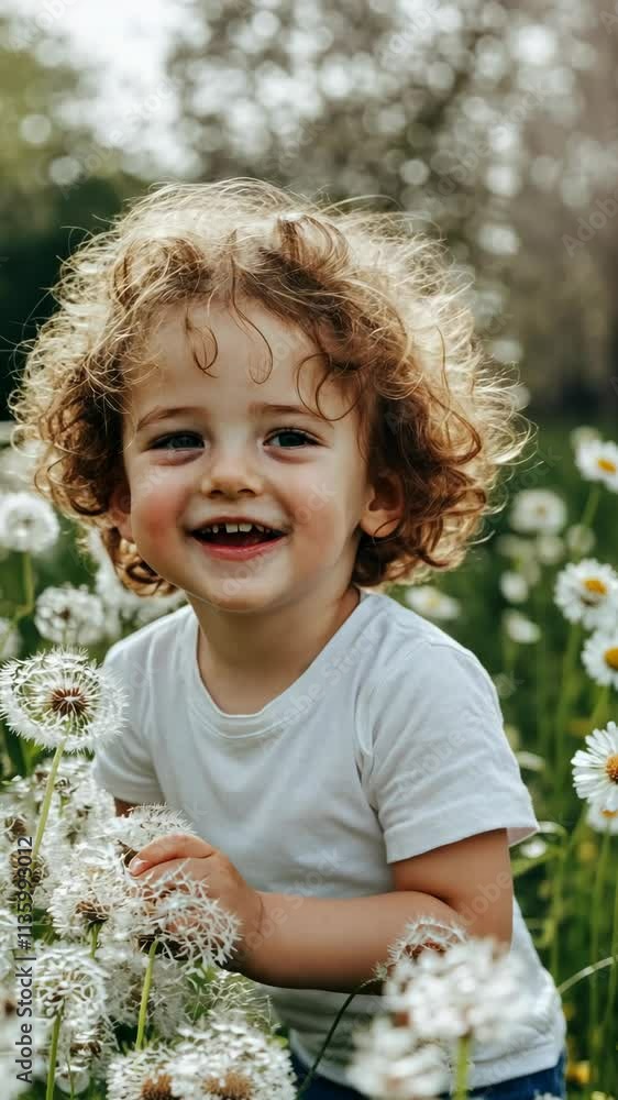 Child playing in a field of white flowers during a sunny day in spring, smiling joyfully amidst nature's beauty Child playing in a field of white flowers during a sunny day in spring, smiling joyfully amidst nature's beauty