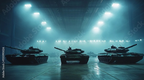 Tanks Displayed in Massive Industrial Hangar with Dramatic Lighting photo