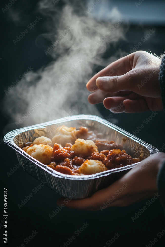 Hot meal in a foil container held in hands, with steam rising, symbolizing compassion, generosity, and nourishment for those in need.
Hot meal in a foil container held in hands, with steam rising, symbolizing compassion, generosity, and nourishment for those in need.