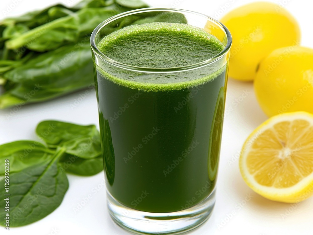 A glass of green smoothie surrounded by spinach and lemons, highlighting health and nutrition. A glass of green smoothie surrounded by spinach and lemons, highlighting health and nutrition.