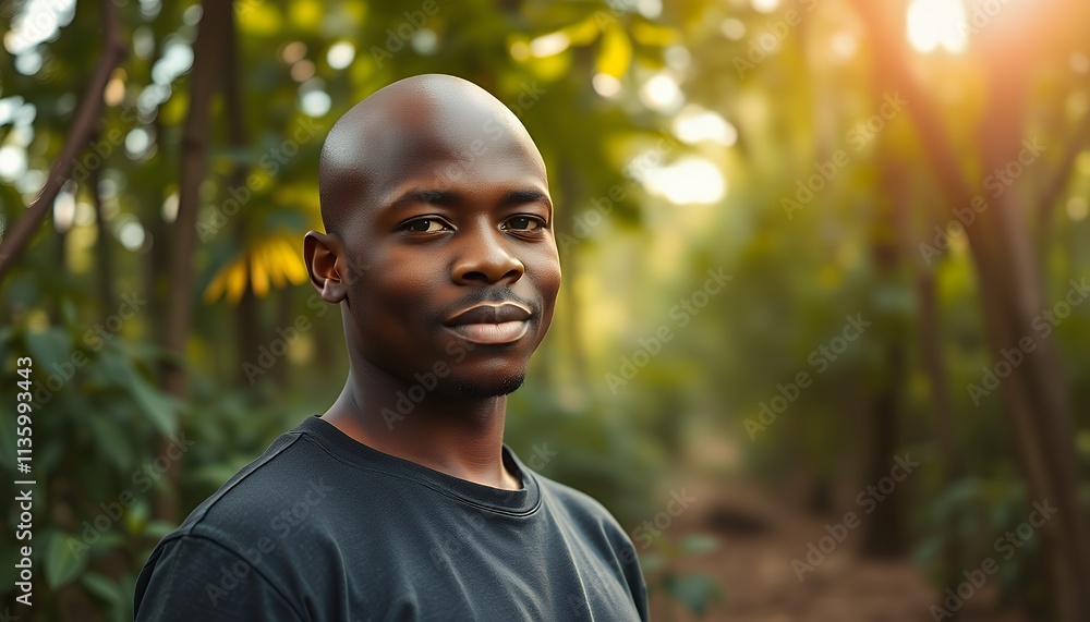 A cheerful man smiles gently in a vibrant green forest. The scene evokes peace and tranquility. A cheerful man smiles gently in a vibrant green forest. The scene evokes peace and tranquility.
