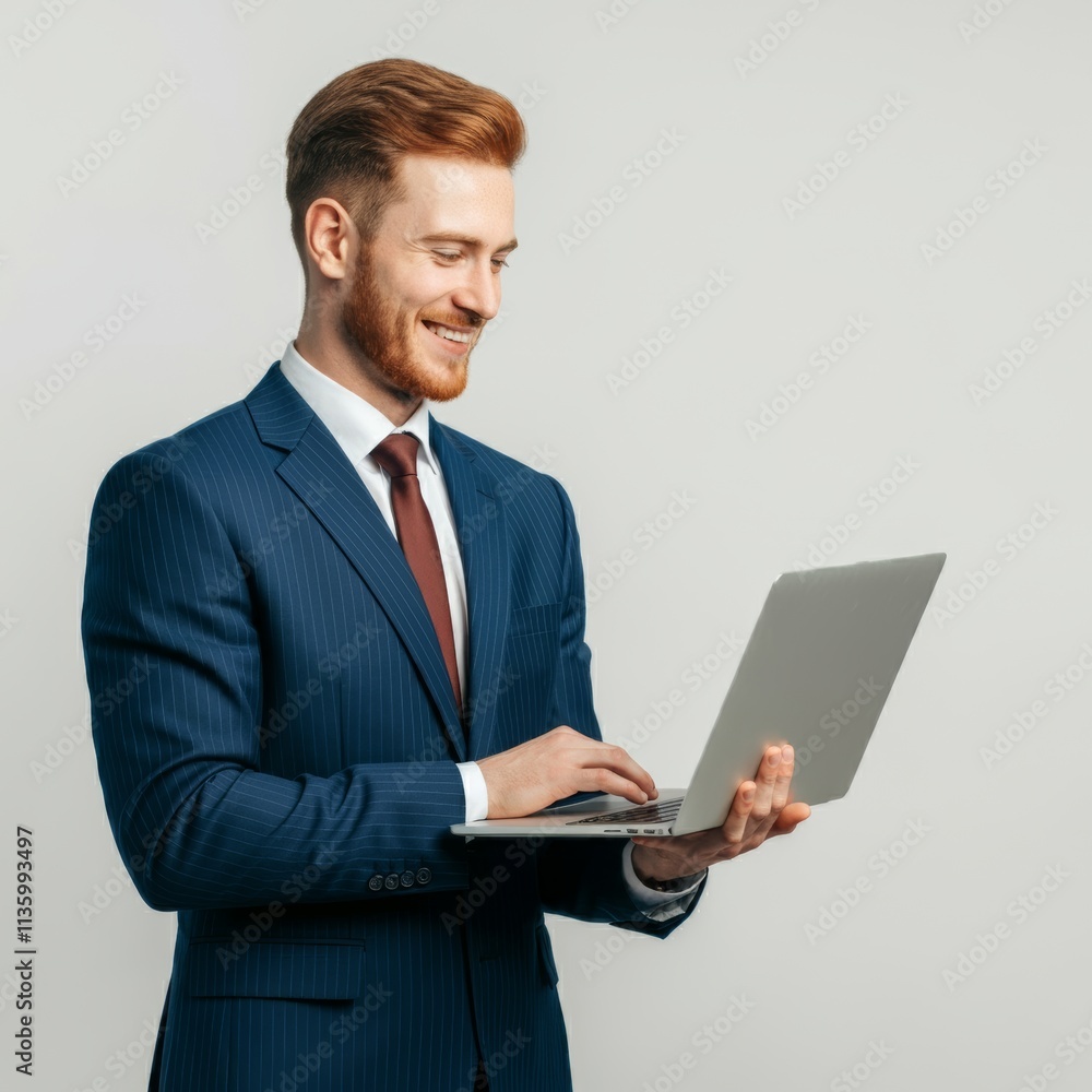 A businessman wearing a blue suit, standing with an open laptop in his hands, surfing the internet with a smile, studio shot, isolated on a white background.
A businessman wearing a blue suit, standing with an open laptop in his hands, surfing the internet with a smile, studio shot, isolated on a white background.