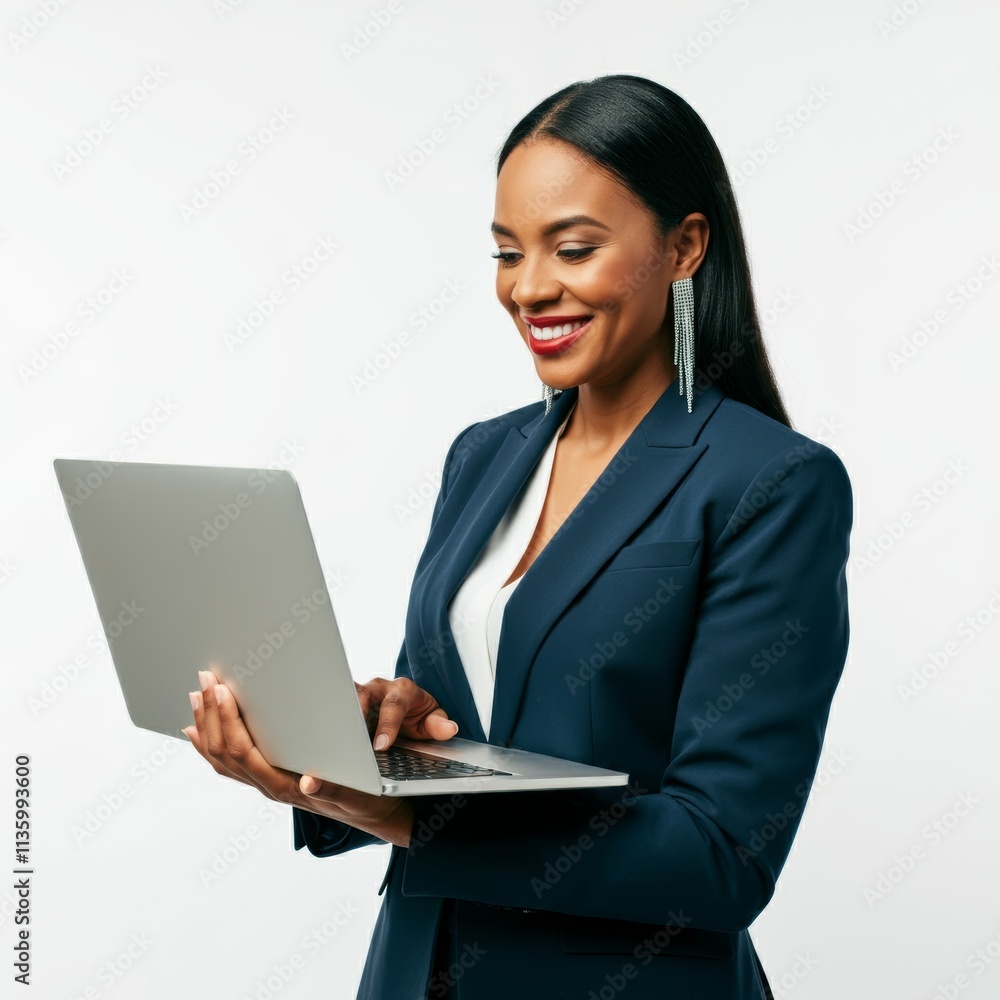 A businesswoman wearing a blue suit, standing with an open laptop in her hands, surfing the internet with a smile, studio shot, isolated on a white background.
A businesswoman wearing a blue suit, standing with an open laptop in her hands, surfing the internet with a smile, studio shot, isolated on a white background.