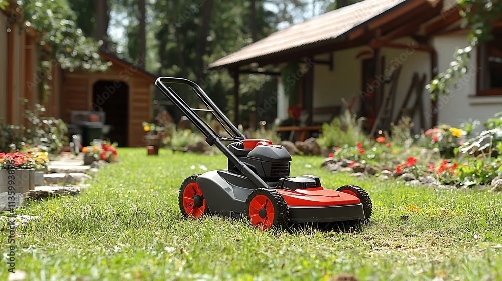 Fototapeta premium A homeowner focused on cleaning up their backyard with a modern electric mower, freshly cut edges framing the untamed sections of grass, a colorful garden bed and small toolshed in the distance,