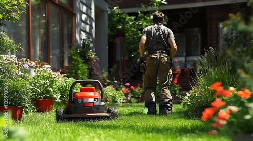 A gardener with an electric trimmer reshaping an overgrown lawn, the yard transitioning from wild to neat, colorful garden elements like flowerpots and shrubs in the background, photo