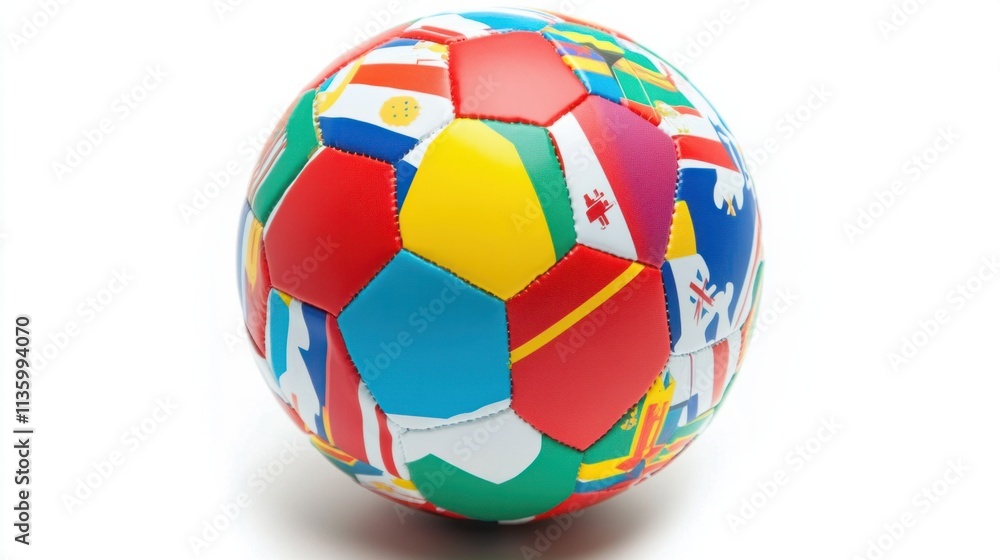 A soccer ball with country flags printed on its panels, symbolizing international unity, isolated on white A soccer ball with country flags printed on its panels, symbolizing international unity, isolated on white