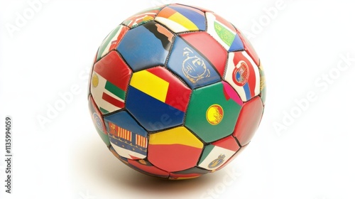 A soccer ball with country flags printed on its panels, symbolizing international unity, isolated on white