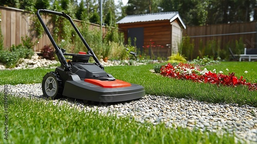 A homeowner focused on cleaning up their backyard with a modern electric mower, freshly cut edges framing the untamed sections of grass, a colorful garden bed and small toolshed in the distance, photo