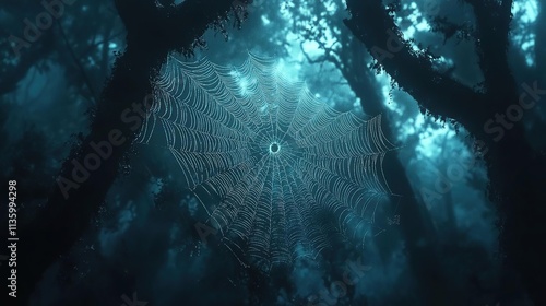 arafed spider web in the middle of a forest with trees photo