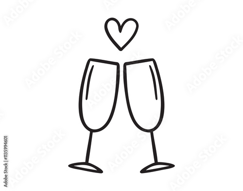 Couple of champagne glasses for New Year, Xmas, or Valentines day, marriage doodle hand drawn icon. Outline drawing two glasses cheers line clipart symbol