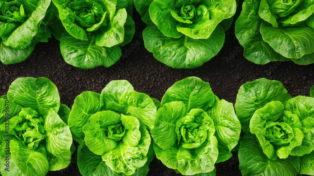 Harvesting organic yields efficiently Concept. Fresh green lettuce rows in organic farm landscape Harvesting organic yields efficiently Concept. Fresh green lettuce rows in organic farm landscape