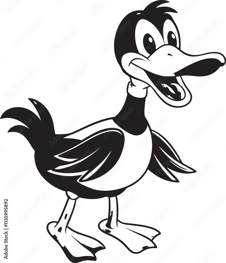 Fototapeta premium vibrant vector illustration of a lively cartoon duck, standing on one leg with an animated expression 