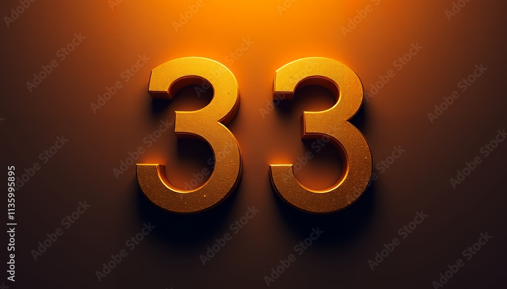 A 3D rendering of the number 33 in gold, illuminated against a dark background. The number is shiny and reflective. A 3D rendering of the number 33 in gold, illuminated against a dark background. The number is shiny and reflective.